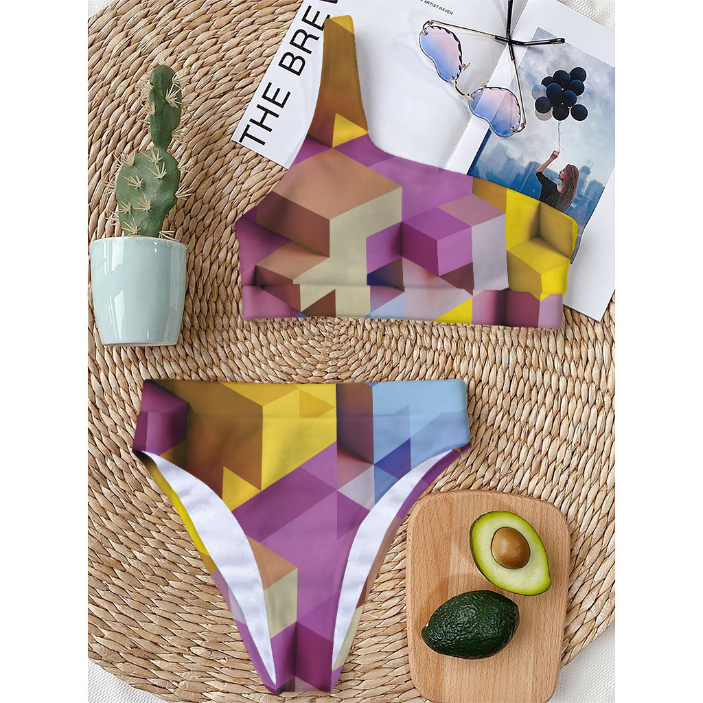 Pastel Geometric Cubic Print One Shoulder Bikini Top