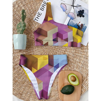 Pastel Geometric Cubic Print One Shoulder Bikini Top