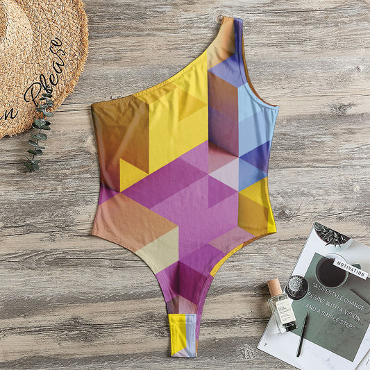 Pastel Geometric Cubic Print One Shoulder Bodysuit