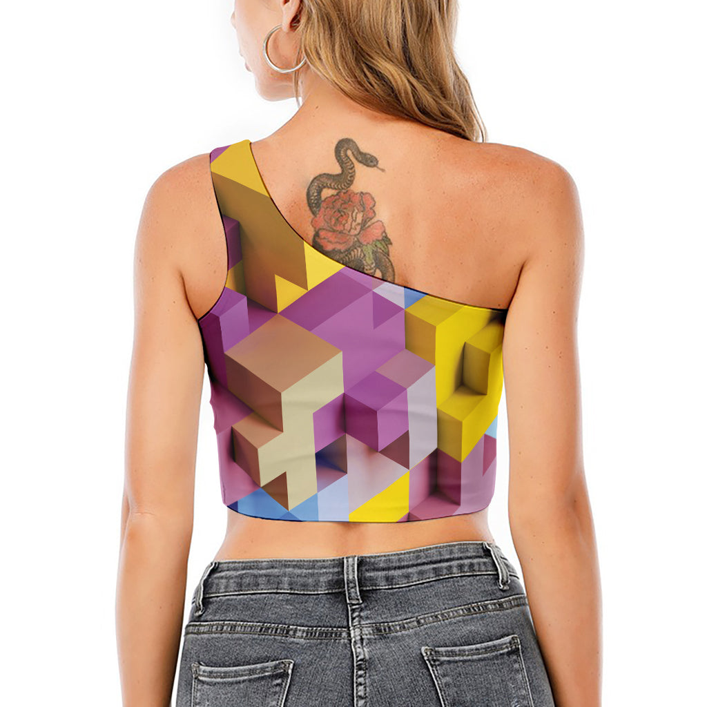 Pastel Geometric Cubic Print One Shoulder Crop Top