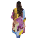Pastel Geometric Cubic Print Open Front Beach Cover Up