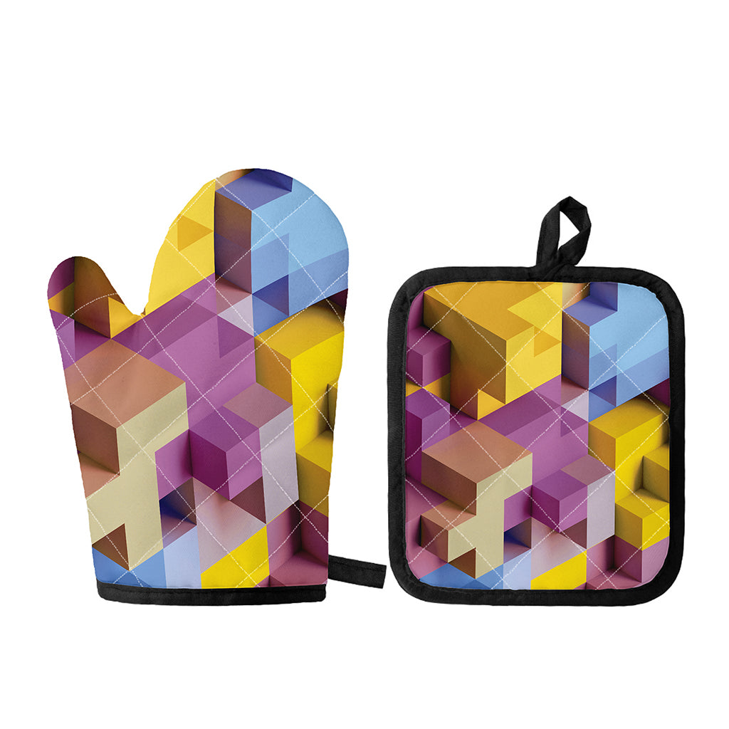 Pastel Geometric Cubic Print Oven Mitt And Pot Holder Set