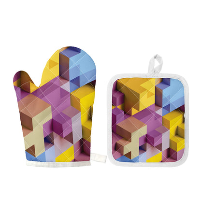 Pastel Geometric Cubic Print Oven Mitt And Pot Holder Set