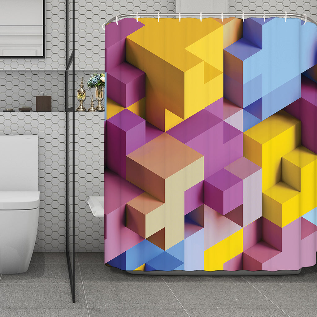 Pastel Geometric Cubic Print Polyester Shower Curtain