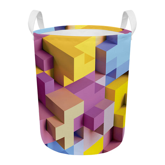 Pastel Geometric Cubic Print Round Laundry Basket