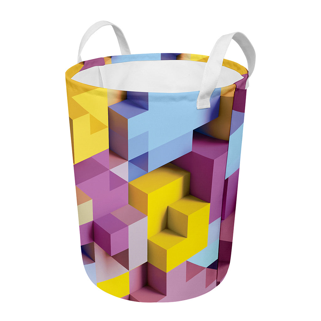 Pastel Geometric Cubic Print Round Laundry Basket
