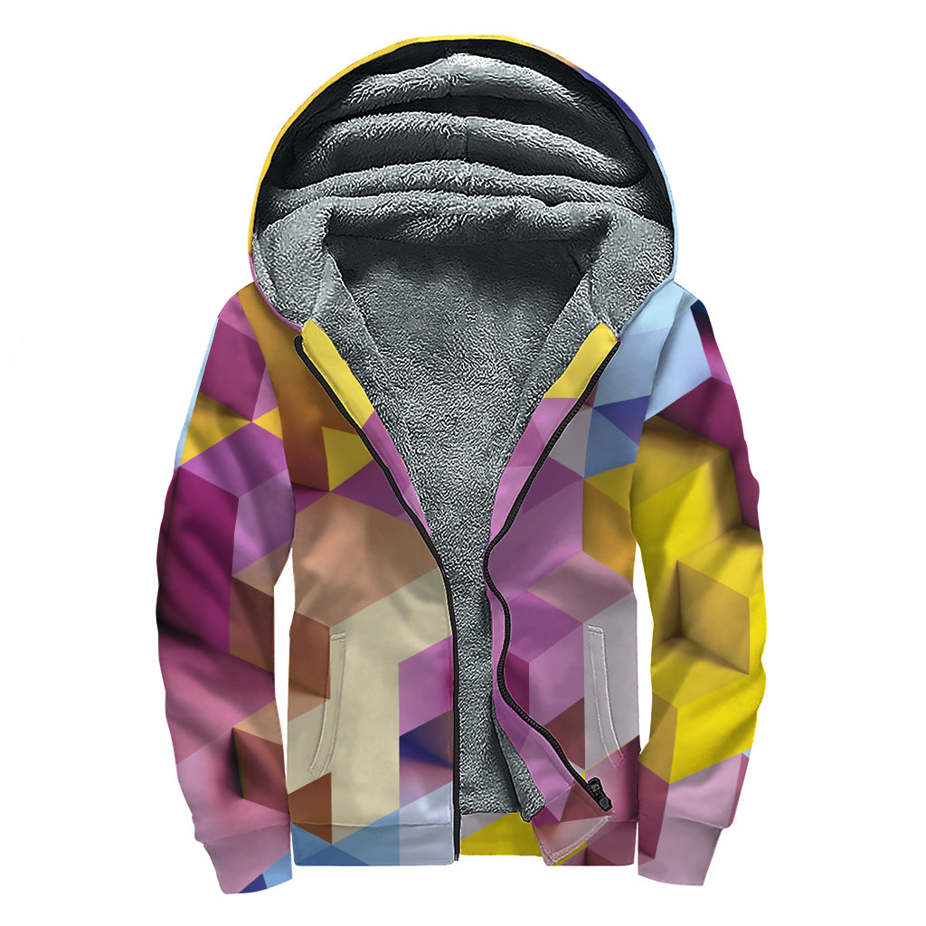 Pastel Geometric Cubic Print Sherpa Lined Zip Up Hoodie