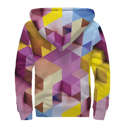 Pastel Geometric Cubic Print Sherpa Lined Zip Up Hoodie