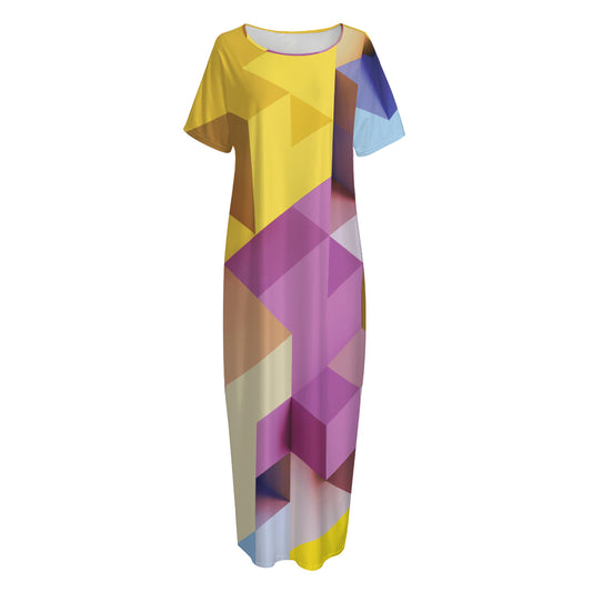 Pastel Geometric Cubic Print Short Sleeve Long Nightdress