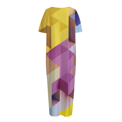 Pastel Geometric Cubic Print Short Sleeve Long Nightdress