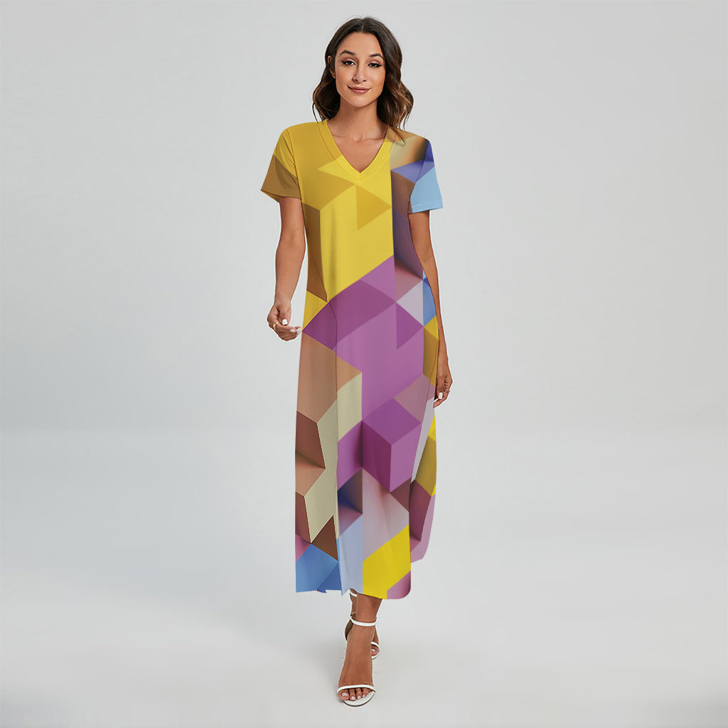 Pastel Geometric Cubic Print Short Sleeve Maxi Dress