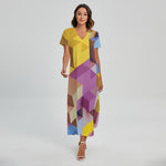 Pastel Geometric Cubic Print Short Sleeve Maxi Dress