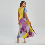 Pastel Geometric Cubic Print Short Sleeve Maxi Dress