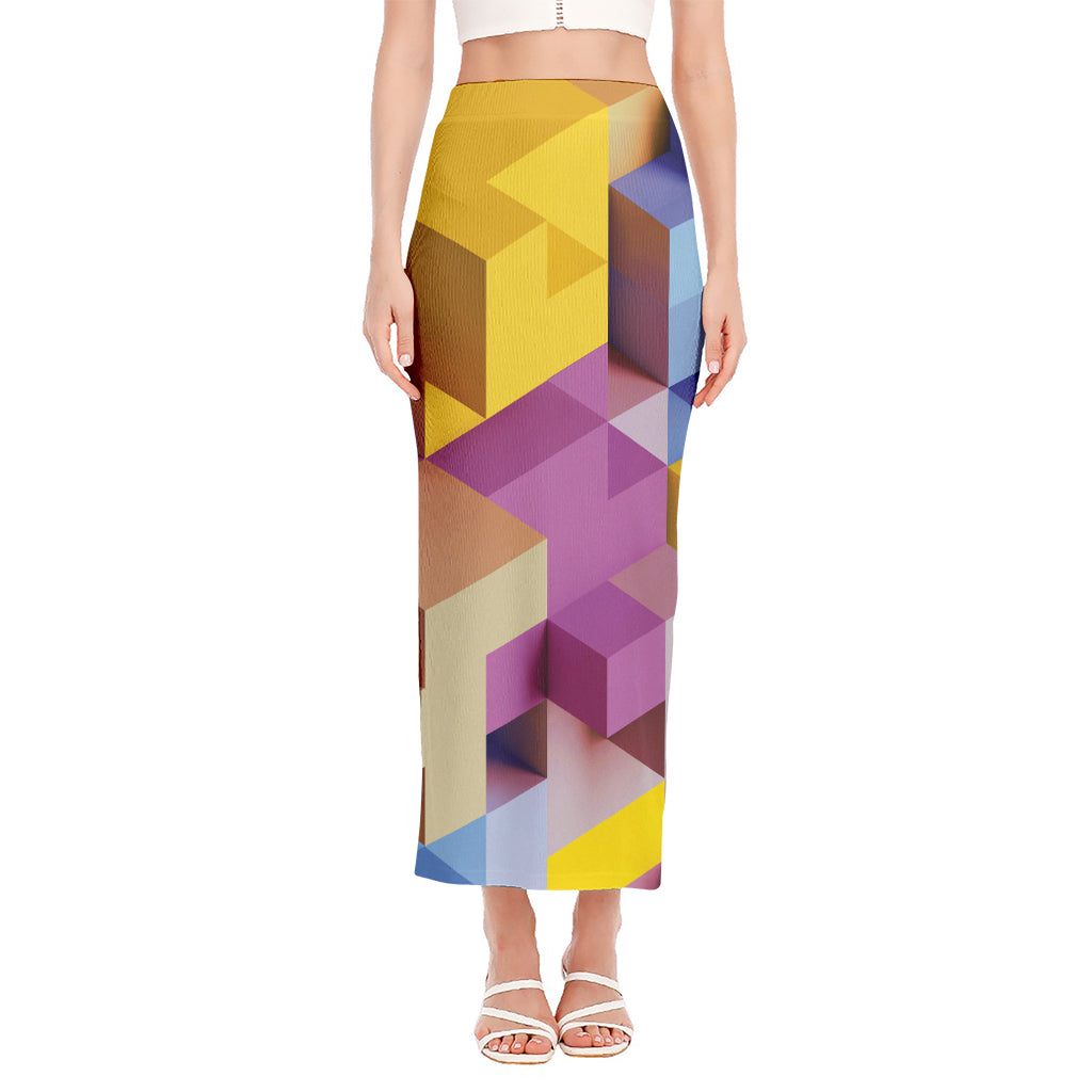 Pastel Geometric Cubic Print Side Slit Maxi Skirt