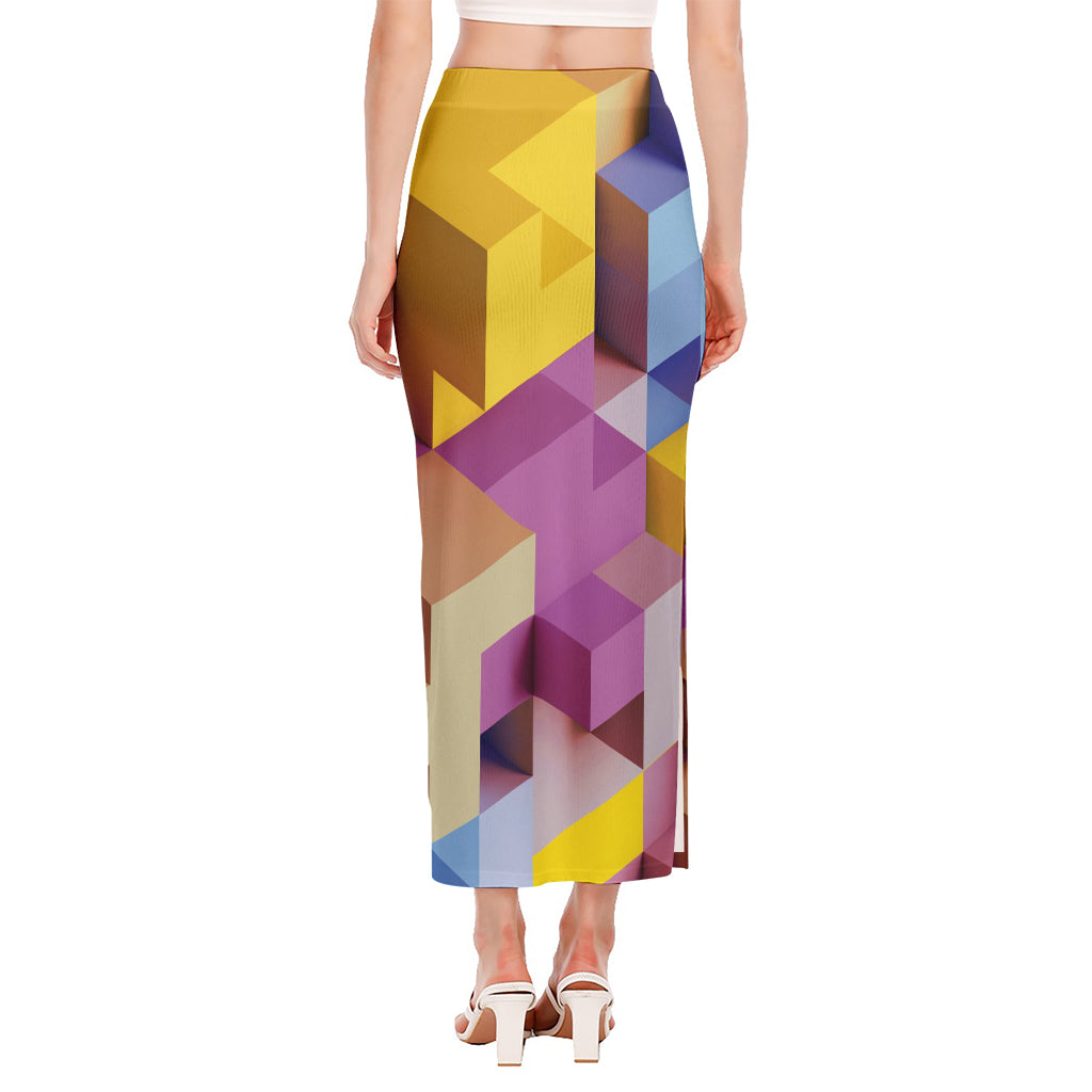 Pastel Geometric Cubic Print Side Slit Maxi Skirt