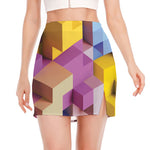 Pastel Geometric Cubic Print Side Slit Mini Skirt