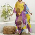Pastel Geometric Cubic Print Silk V-Neck Kaftan Dress