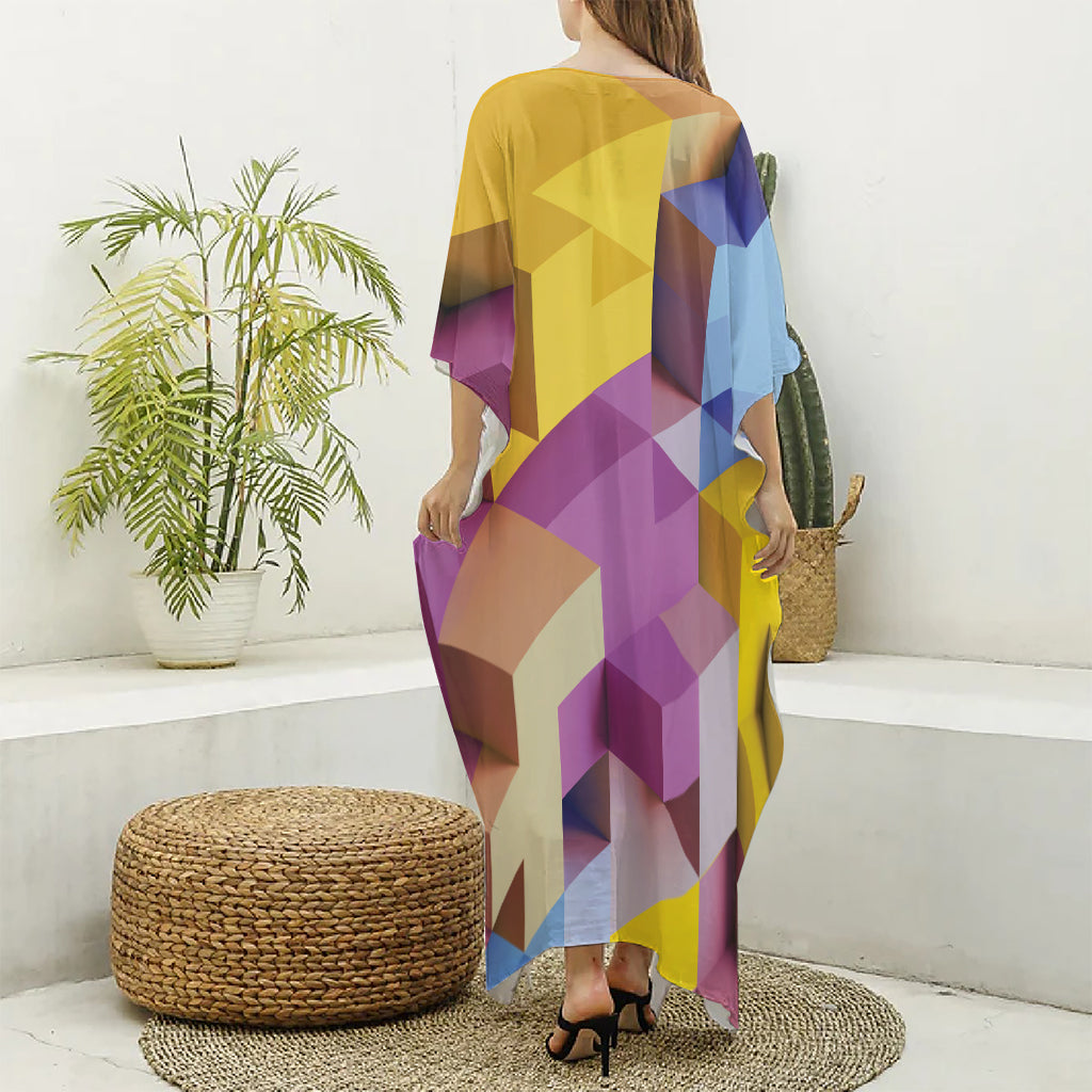 Pastel Geometric Cubic Print Silk V-Neck Kaftan Dress