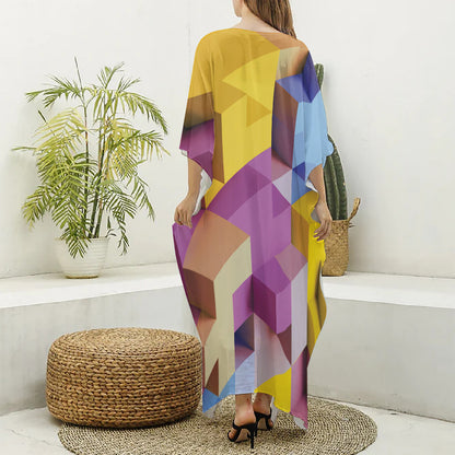 Pastel Geometric Cubic Print Silk V-Neck Kaftan Dress