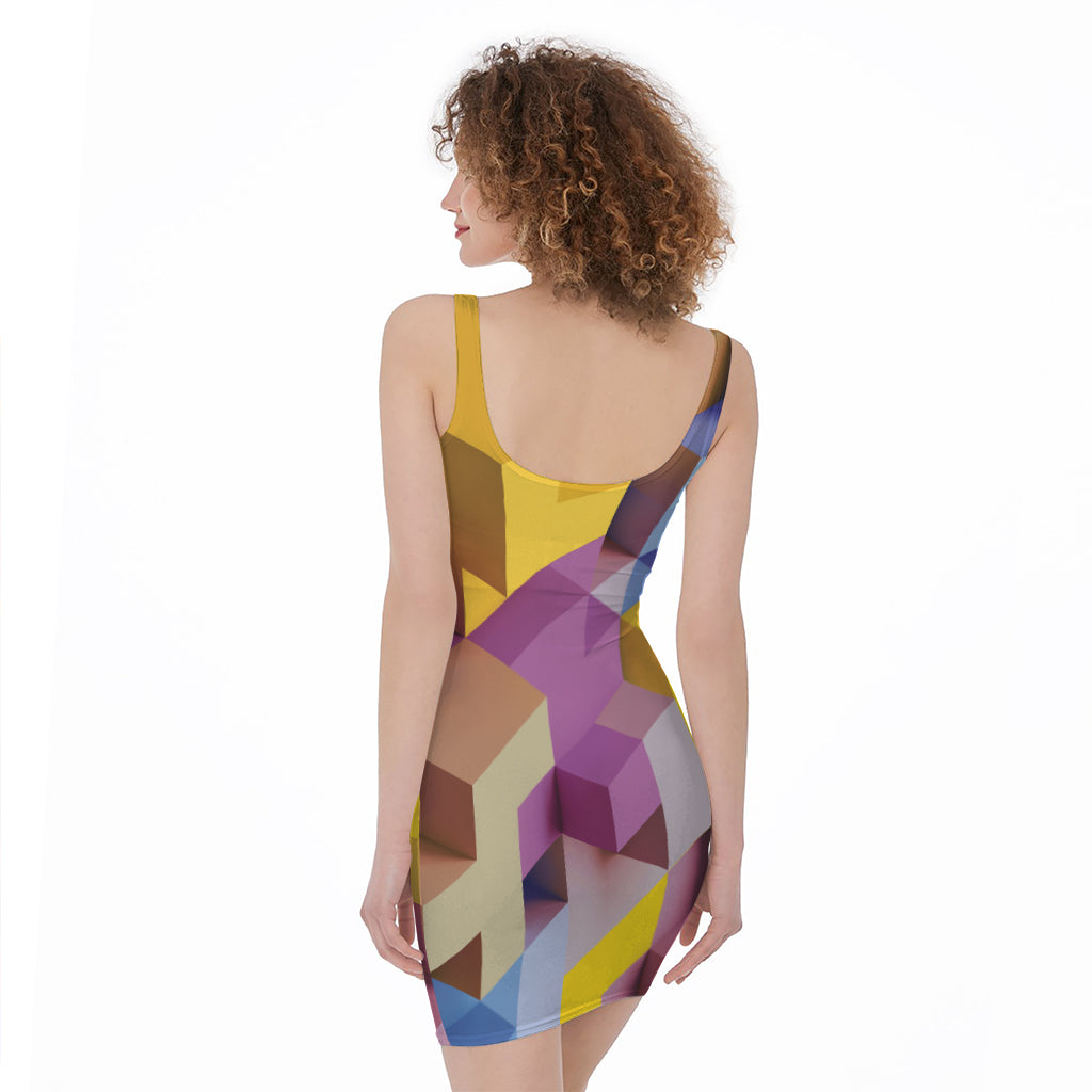 Pastel Geometric Cubic Print Sleeveless Bodycon Dress