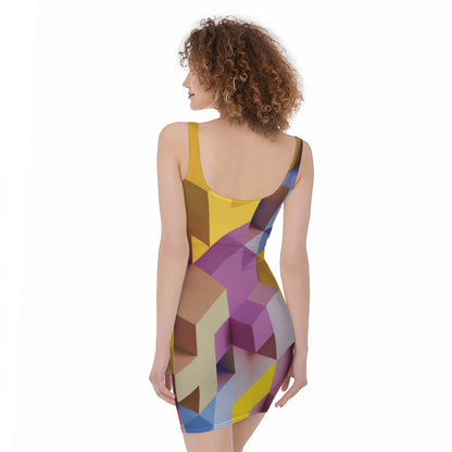 Pastel Geometric Cubic Print Sleeveless Bodycon Dress