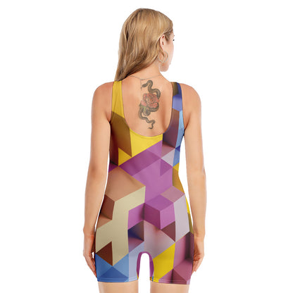 Pastel Geometric Cubic Print Sleeveless One Piece Swimsuit