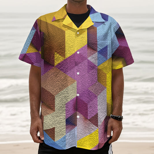 Pastel Geometric Cubic Print Textured Short Sleeve Shirt