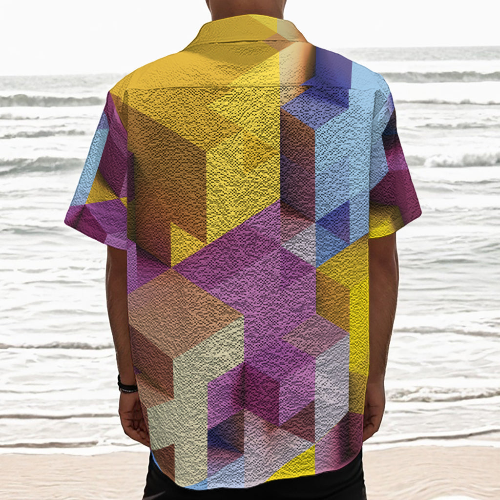 Pastel Geometric Cubic Print Textured Short Sleeve Shirt
