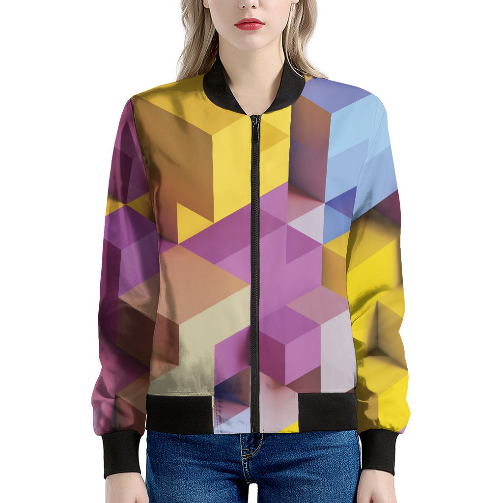 Pastel Geometric Cubic Print Women's Bomber Jacket