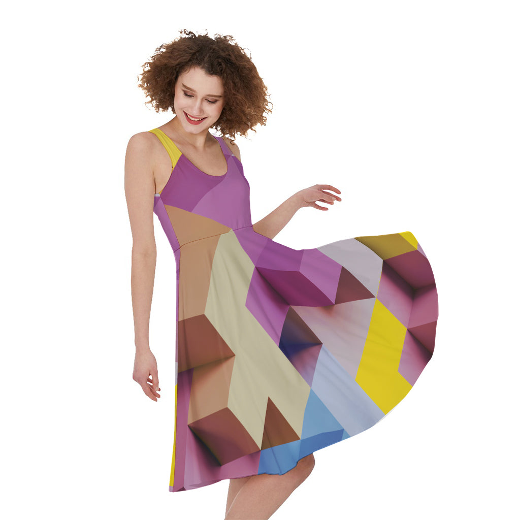 Pastel Geometric Cubic Print Women's Sleeveless Dress