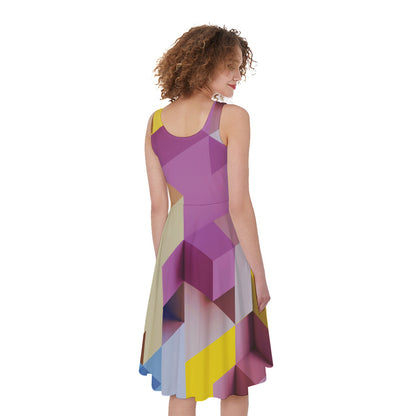 Pastel Geometric Cubic Print Women's Sleeveless Dress
