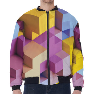 Pastel Geometric Cubic Print Zip Sleeve Bomber Jacket