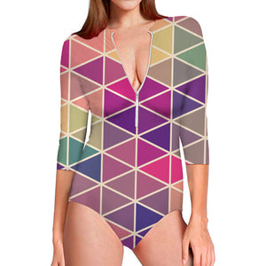 Pastel Geometric Shape Pattern Print Long Sleeve Swimsuit