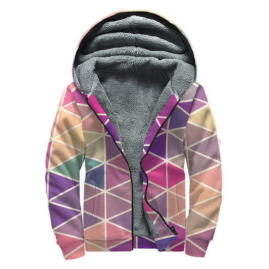 Pastel Geometric Shape Pattern Print Sherpa Lined Zip Up Hoodie