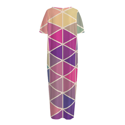 Pastel Geometric Shape Pattern Print Short Sleeve Long Nightdress
