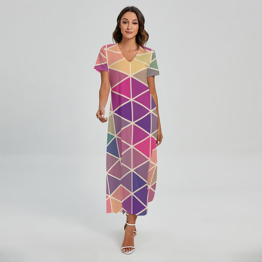 Pastel Geometric Shape Pattern Print Short Sleeve Maxi Dress