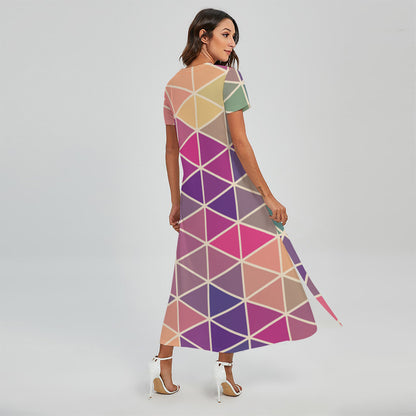 Pastel Geometric Shape Pattern Print Short Sleeve Maxi Dress