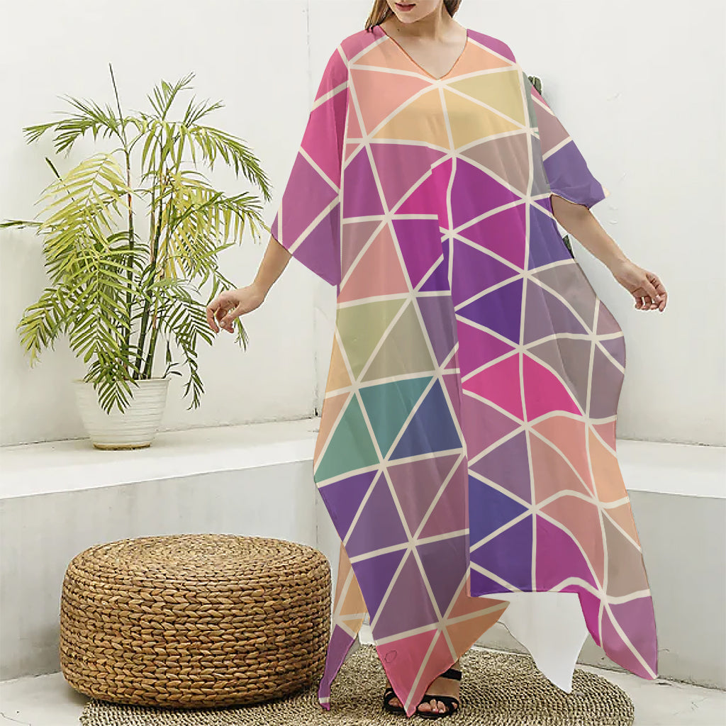 Pastel Geometric Shape Pattern Print Silk V-Neck Kaftan Dress