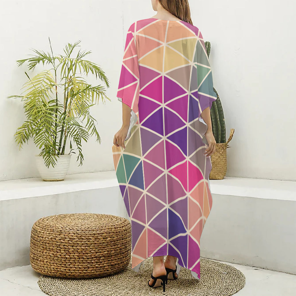 Pastel Geometric Shape Pattern Print Silk V-Neck Kaftan Dress