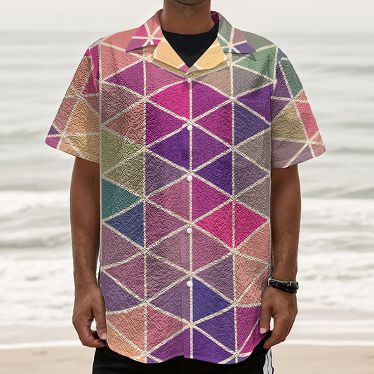 Pastel Geometric Shape Pattern Print Textured Short Sleeve Shirt