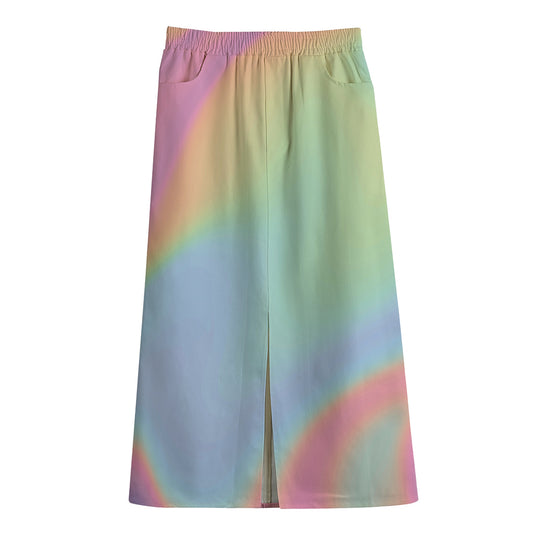 Pastel Holographic Print Cotton Front Slit Maxi Skirt