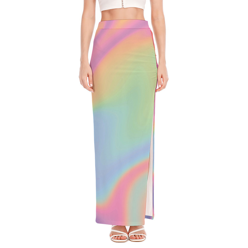 Pastel Holographic Print High Slit Maxi Skirt