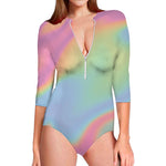 Pastel Holographic Print Long Sleeve Swimsuit