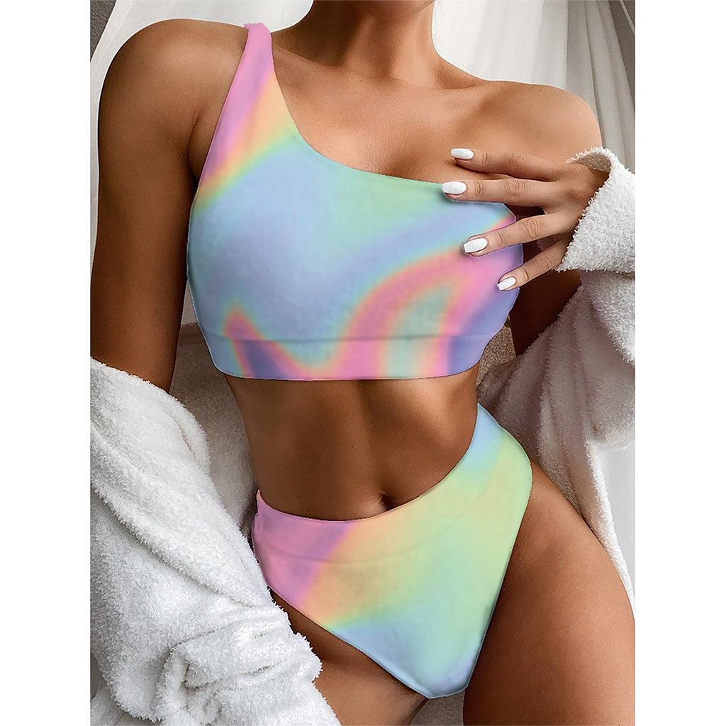 Pastel Holographic Print One Shoulder Bikini Top