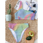 Pastel Holographic Print One Shoulder Bikini Top