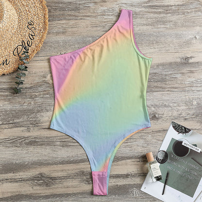 Pastel Holographic Print One Shoulder Bodysuit