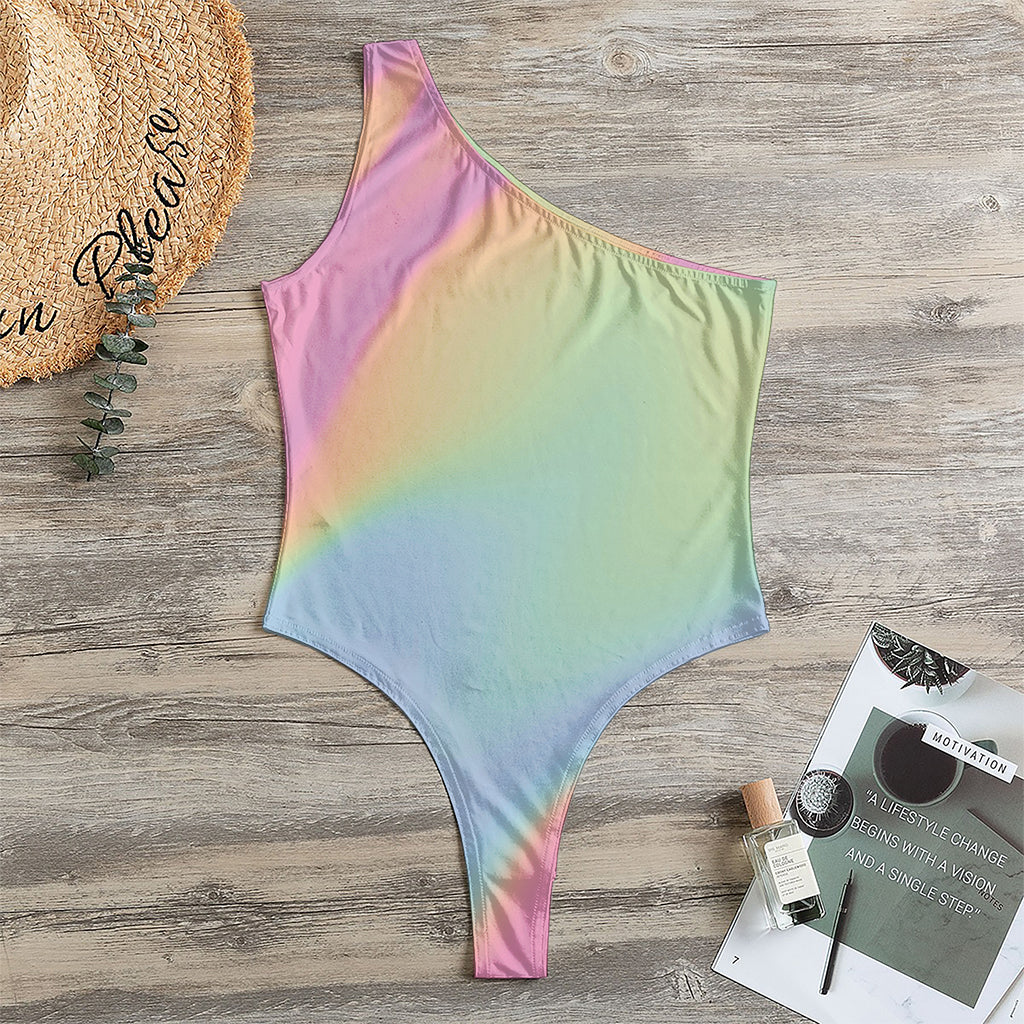 Pastel Holographic Print One Shoulder Bodysuit