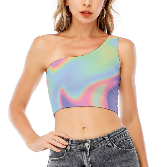 Pastel Holographic Print One Shoulder Crop Top