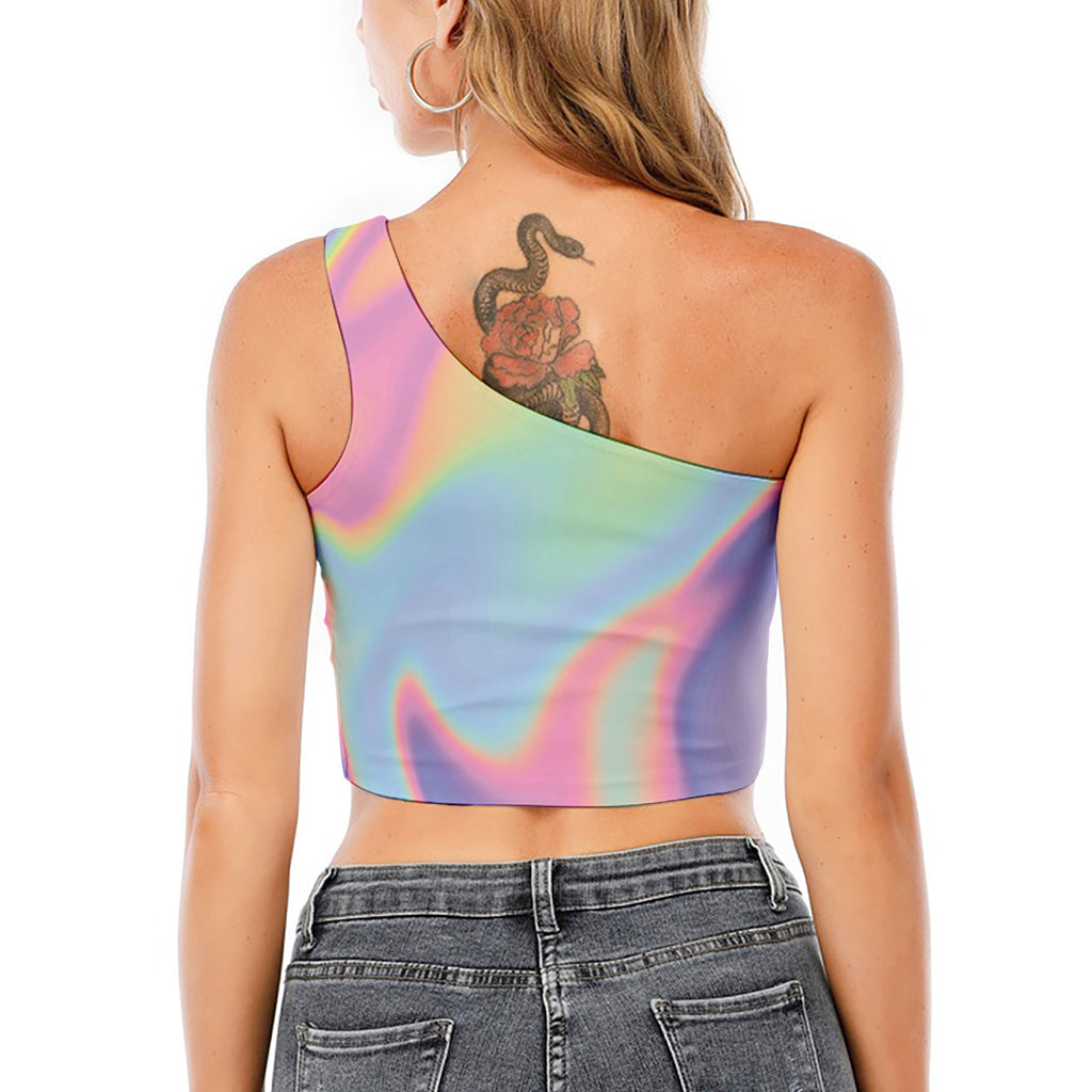 Pastel Holographic Print One Shoulder Crop Top
