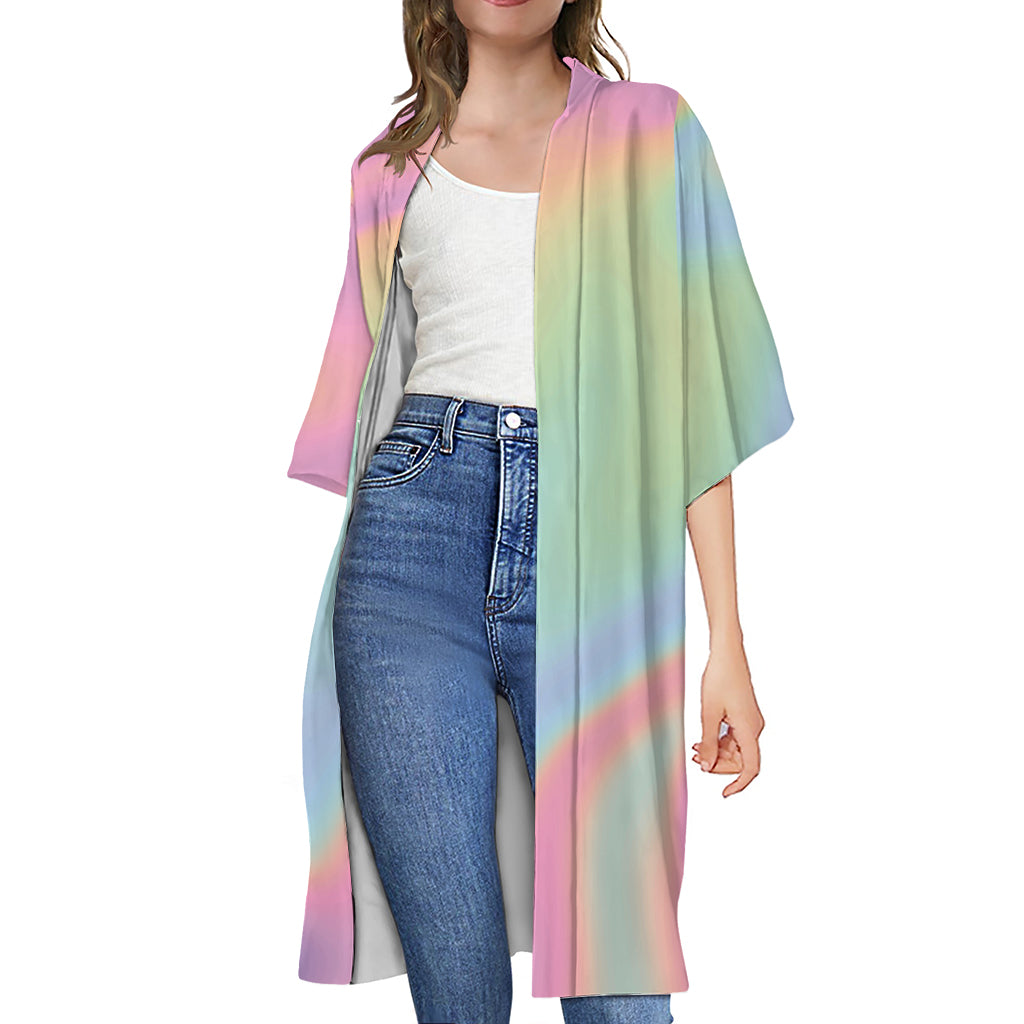 Pastel Holographic Print Open Front Beach Cover Up